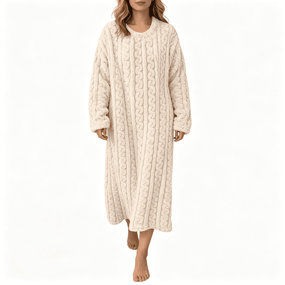 CAZOFW Nightgowns for Women,Flannel Long Sleeve Warm Pajama Dress Cozy Sleep Robe Loose Fleece Lounge Wear Sizes S-M