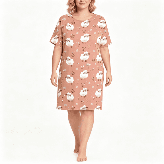CAZOFW Nightgowns for Women Plus Size,Cute Printed Short Sleeve Casual Home Dress Sizes XL-5XL