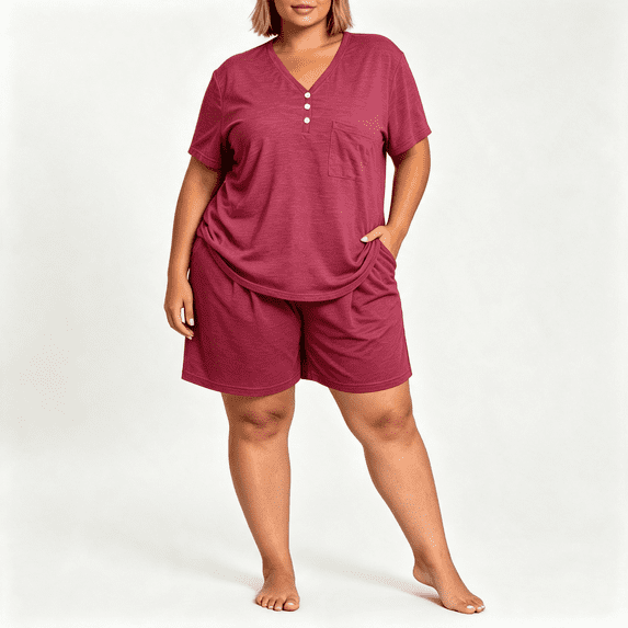 CAZOFW Pajama Sets for Women,Plus Size Short Sleeve Top,Pockets Drawstring Shorts Pant,Loungewear Pjs Sizes XL-5X