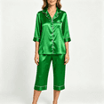 thumbnail image 1 of CAZOFW Pajama Sets for Women,Satin 3/4 Sleeve Button Top,Pockets Capri Pant,Soft Loungewear Sleepwear Sizes S-2X, 1 of 7