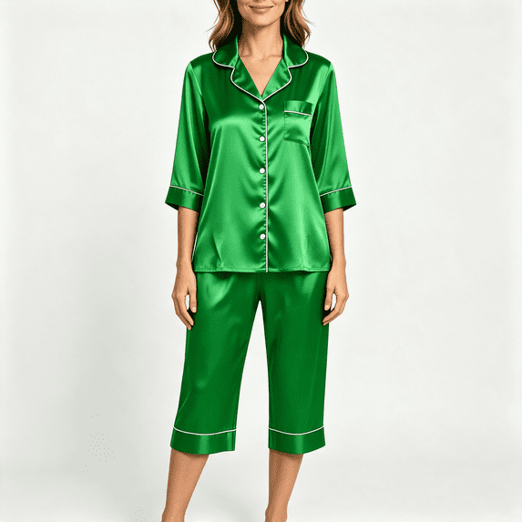 CAZOFW Pajama Sets for Women,Satin 3/4 Sleeve Button Top,Pockets Capri Pant,Soft Loungewear Sleepwear Sizes S-2X