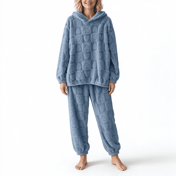 CAZOFW Pajamas for Women,Flannel Hoodie Long Sleeve Top Pants Set Winter Loungewear Free Size