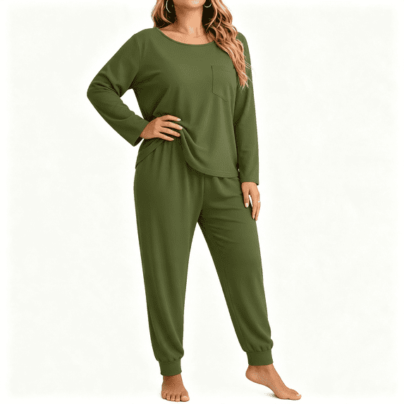 CAZOFW Pajamas for Women Plus Size,2 Piece Long Sleeve Top,Long Pant Loungewear Pjs Sizes XL-5X
