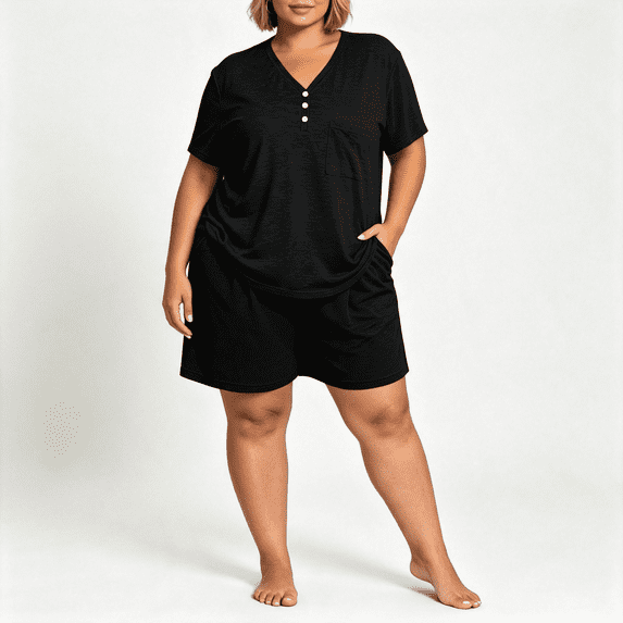 CAZOFW Pajamas for Women,Plus Size 2 Piece Short Sleeve Top,Pockets Drawstring Shorts Pant,Loungewear Pjs Sizes XL-5X