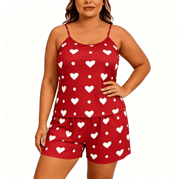 CAZOFW Pajamas for Women,Plus Size Heart Print Cami Shorts Set, Sleeveless Sleepwear Lounge Outfit Sizes XL-5X