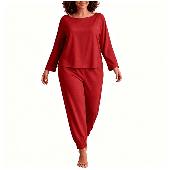 CAZOFW Pajamas for Women Plus Size,Long Sleeve Crew Neck Top Jogger Pants Set,Soft Casual Loungewear Sizes XL-5X