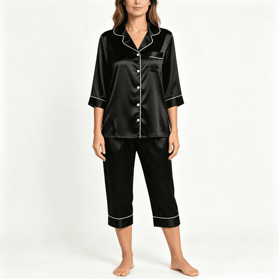 CAZOFW Pajamas for Women,Satin 2 Piece 3/4 Sleeve Top,Capri Pant,Loungewear Pjs Sizes S-2X