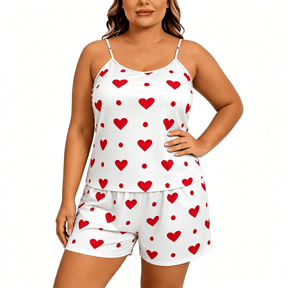 CAZOFW Pjs for Women,Plus Size Heart Print Cami Shorts Set, Sleeveless Sleepwear Lounge Outfit Sizes XL-5X
