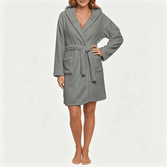 CAZOFW Robes for Women,Hooded Long Sleeve Belted Cozy Loungewear Bathrobe With Pockets Casual Homewear Size S-2XL