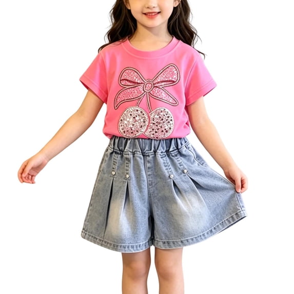 CAZOFW Summer Toddler Girls 2 Piece Outfits,Cotton Short Sleeve Top and Jean Shorts Set,Size 0-12 Months