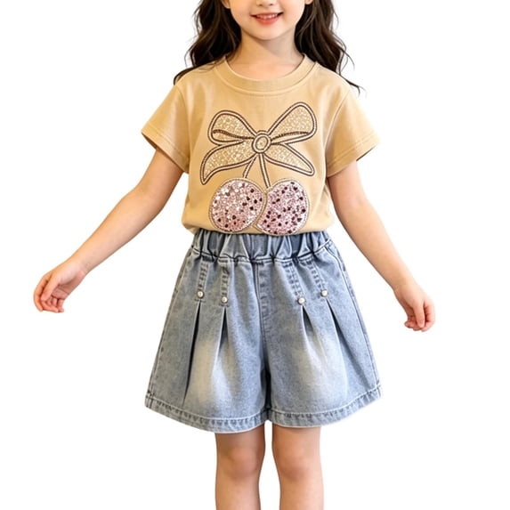 CAZOFW Summer Toddler Girls 2 Piece Outfits,Cotton Short Sleeve Top and Jean Shorts Set,Size 2-3t