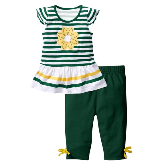 CAZOFW Summer Toddler Girls 2 Piece Outfits,Daisy Print Striped Ruffle Sleeve Top and Capri Pants,Size 3-4t