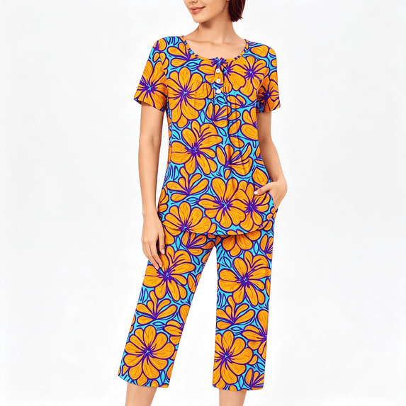 CAZOFW Women Pajamas,2 Piece Floral Short Sleeve Top,Capri Pant,Loose Soft Home Lounge Sleepwear Sizes S-3X