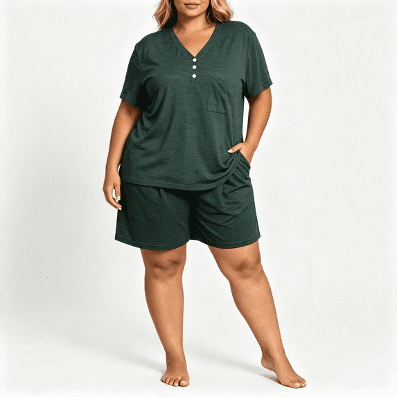 CAZOFW Women Pajamas,Plus Size 2 Piece Short Sleeve Top,Pockets Drawstring Shorts Pant,Loungewear Pjs Sizes XL-5X