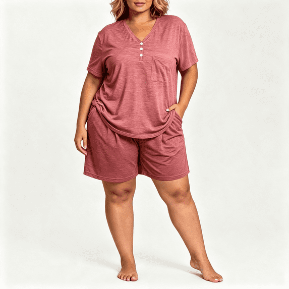 CAZOFW Women Pajamas,Plus Size 2 Piece Short Sleeve Top,Pockets Drawstring Shorts Pant,Loungewear Pjs Sizes XL-5X