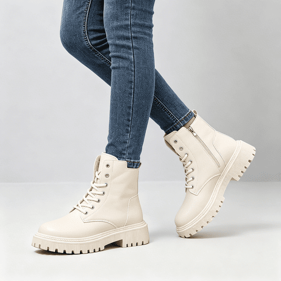 CAZOFW Womens Ankle Combat Boots Lace Up Booties with Side Zip and treaded sole