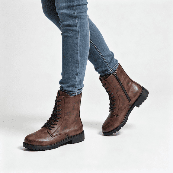 CAZOFW Womens Lace Up Boots Mid Calf Combat Boots with Side Zip and Thick treaded sole