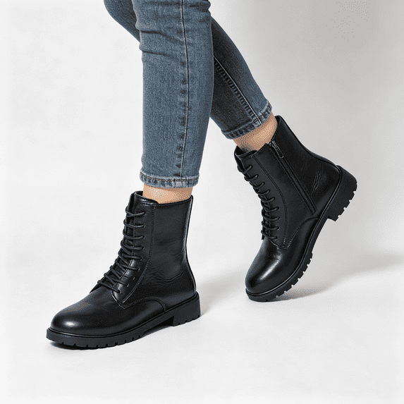 CAZOFW Womens Lace Up Boots Mid Calf Combat Boots with Side Zip and Thick treaded sole