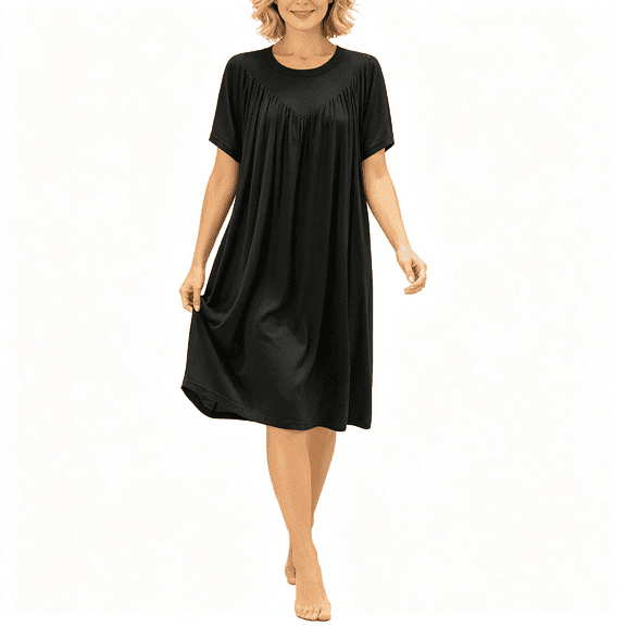 CAZOFW Womens Nightgown,Casual Loose Short Sleeve Pleated Long Dress Loungewear Sizes M-XL