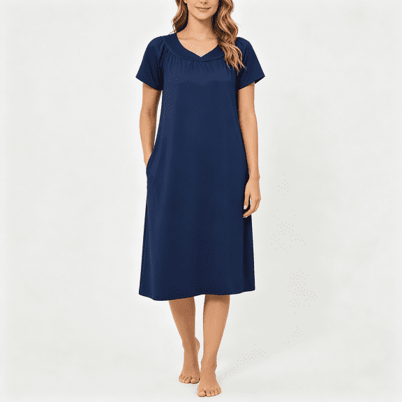 CAZOFW Womens Nightgown,V-Neck Short Sleeve Loose Pocket Short Nightdress Homewear Sizes S-2XL