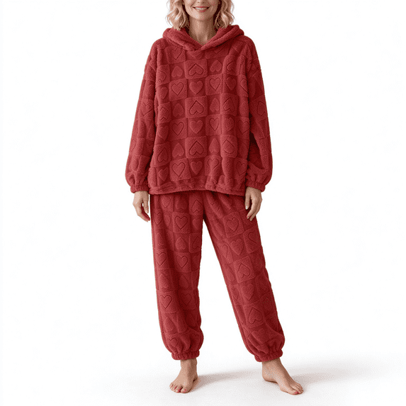 CAZOFW Womens Pajama Sets,Flannel Hoodie Long Sleeve Top Jogger Pants Set Winter Cozy Loungewear Free Size
