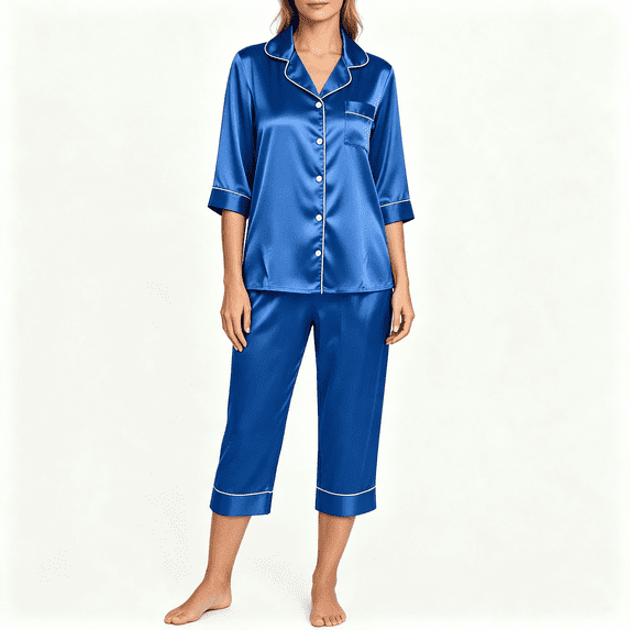 CAZOFW Womens Pajama Sets,Satin 3/4 Sleeve Button Top,Pockets Capri Pant,Soft Loungewear Sleepwear Sizes S-2X