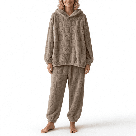 CAZOFW Womens Pajamas,Flannel Hoodie Long Sleeve Top Jogger Pants Set Winter Cozy Loungewear Free Size