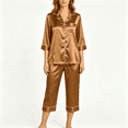 thumbnail image 1 of CAZOFW Womens Pajamas,Satin 2 Piece 3/4 Sleeve Button Top,Pockets Capri Pant,Soft Loungewear Sleepwear Sizes S-2X, 1 of 8