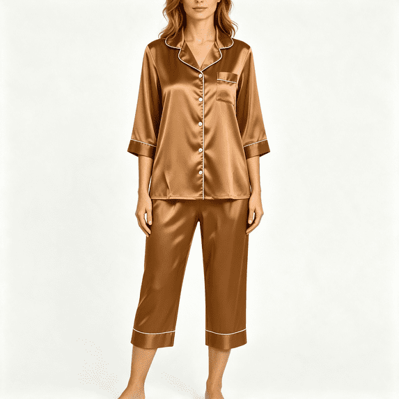CAZOFW Womens Pajamas,Satin 2 Piece 3/4 Sleeve Button Top,Pockets Capri Pant,Soft Loungewear Sleepwear Sizes S-2X