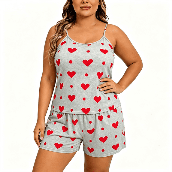 CAZOFW Womens Pjs,Plus Size Heart Print Cami Shorts Set, Sleeveless Sleepwear Lounge Outfit Sizes XL-5X