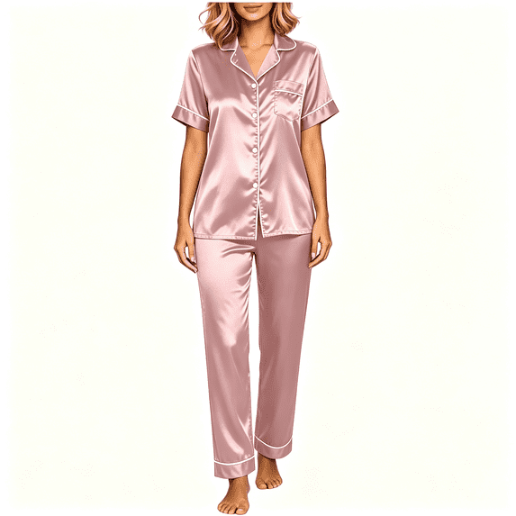 CAZOFW Womens Pjs,Satin Button up Short Sleeve Top Long Pants Set,Silky Lounge Sleepwear Sizes M-5X