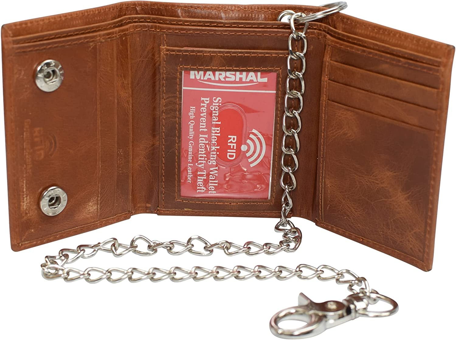 CAZORO Men's RFID Blocking Trifold Vintage Leather Biker Chain