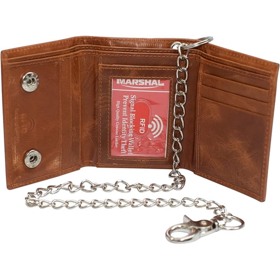 CAZORO Men's RFID Blocking Trifold Vintage Leather Biker Chain Wallet With Snap Closure 51S Tan