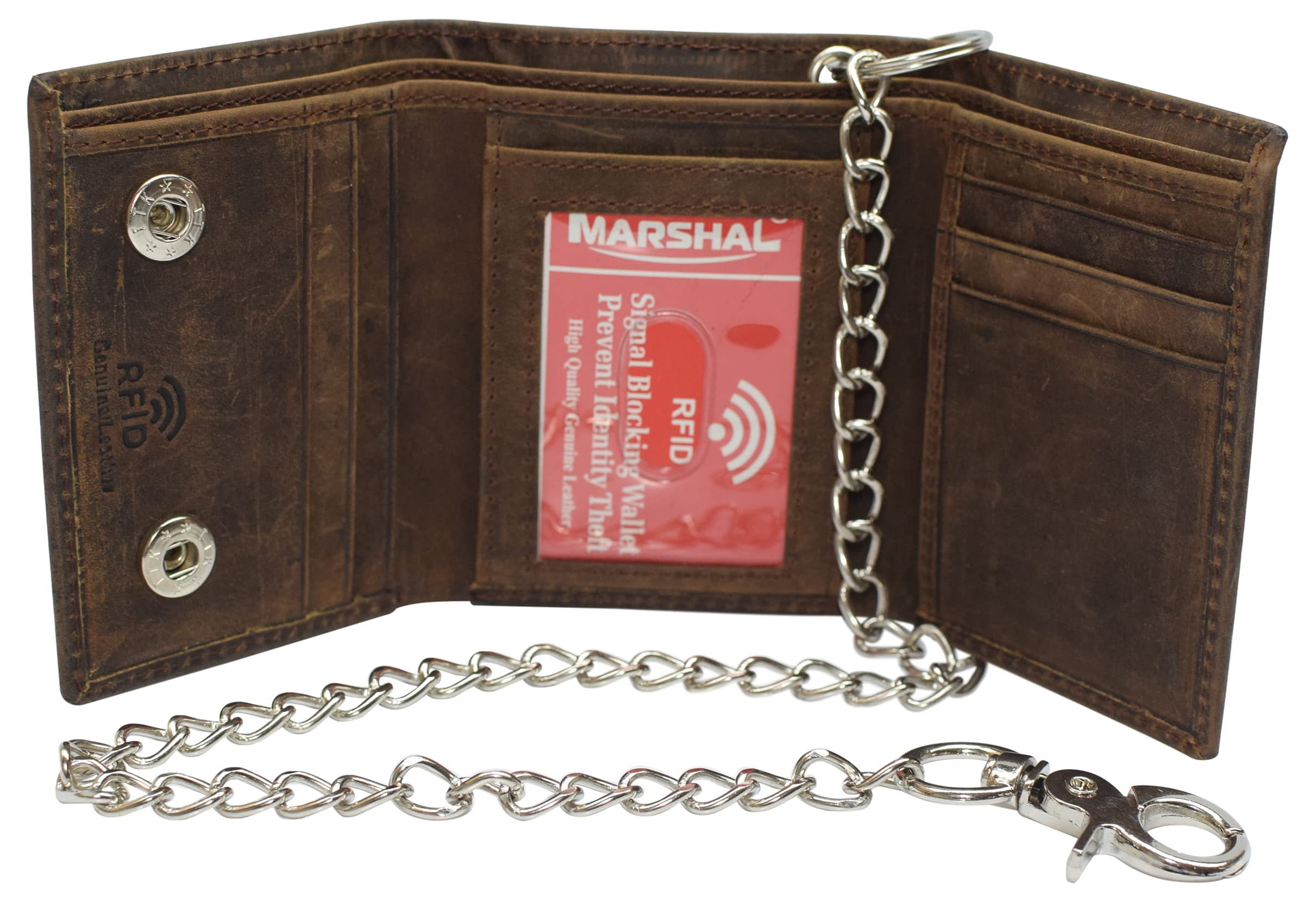 CAZORO Men's RFID Blocking Trifold Vintage Leather Biker Chain