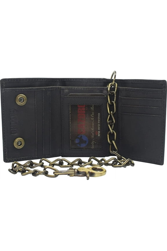 Men's RFID Blocking Trifold Vintage Leather Biker Chain Wallet With Snap Closure Black