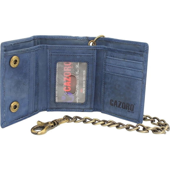 CAZORO Men's RFID Blocking Trifold Vintage Leather Biker Chain Wallet With Snap Closure Blue
