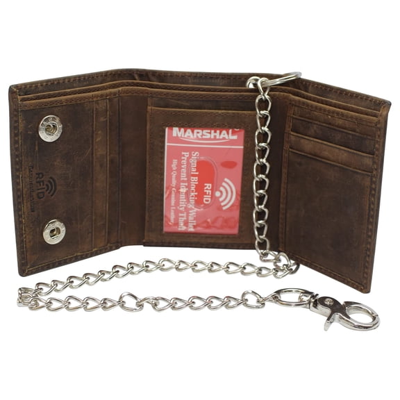 CAZORO Men's RFID Blocking Trifold Vintage Leather Biker Chain Wallet With Snap Closure Bull Head Brown