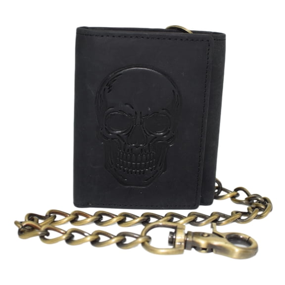 CAZORO Men's RFID Blocking Trifold Vintage Leather Biker Chain Wallet With Snap Closure Skull Black