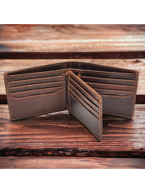 RFID Bifold Leather Wallet For Men with Flip Up ID in Vintage Buffalo Brown