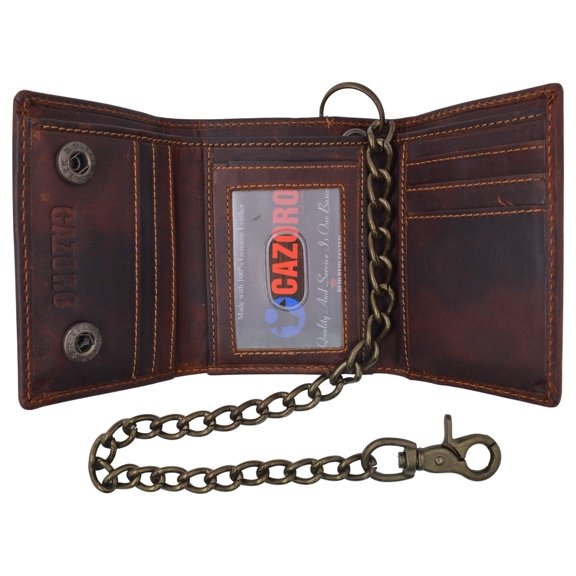 CAZORO RFID Blocking Men's Tri-fold Vintage Leather Biker Chain Wallet With Snap Closure Y101