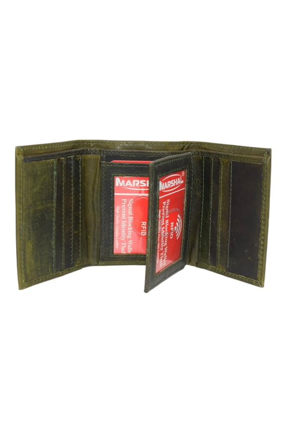Real Cowhide Leather Wallets for Men RFID Blocking Extra Capacity Classic Trifold Wallet with ID & Card Slots Green