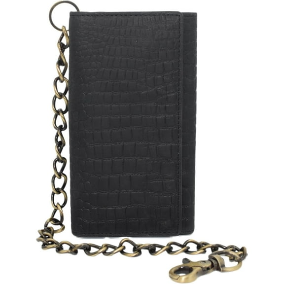 Biker Wallets for Men with Chain - Distressed Croco Leather Wallet Credit Card Slots, Money Sleeve, & Zippered Pocket  Distressed Leather Slim Trifold Chain Wallets for Men Gift Croco Black