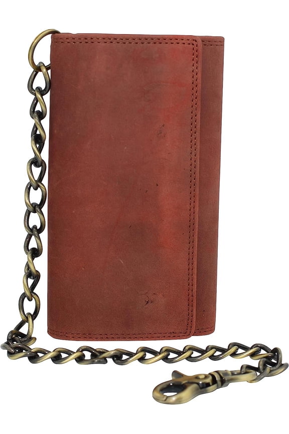 USA Motorcycle Chain Wallet for Men 100% Natural Genuine Leather, Long Trifold RFID Blocking, Credit Card Money Organizer - Mens Trucker Biker Metal Chain Wallets Hot Pink