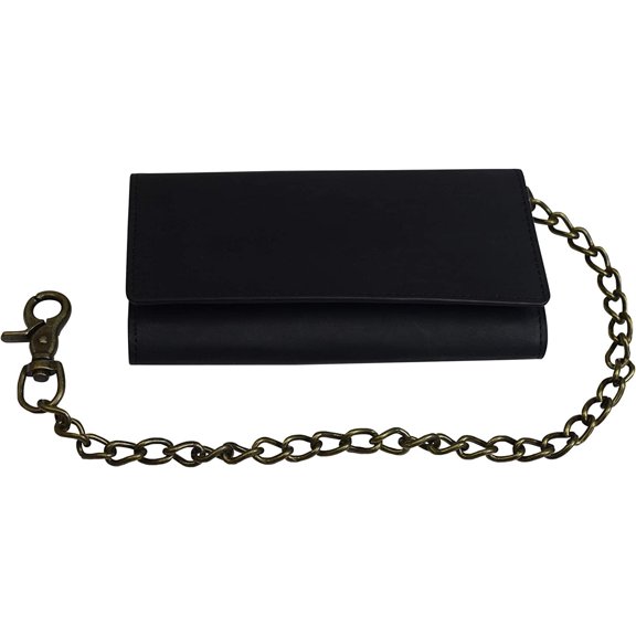 CAZORO USA Motorcycle Chain Wallet for Men 100% Natural Genuine Leather, Long Trifold RFID Blocking, Credit Card Money Organizer - Mens Trucker Biker Metal Chain Wallets Vintage Black