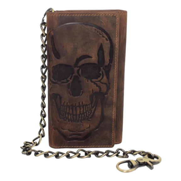 CAZORO USA Motorcycle Chain Wallet for Men  100% Natural Genuine Leather, Long Trifold RFID Blocking, Credit Card Money Organizer - Mens Trucker Biker Metal Chain Wallets Skull Brown