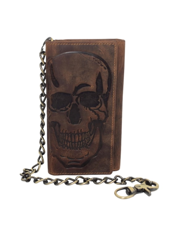USA Motorcycle Chain Wallet for Men 100% Natural Genuine Leather, Long Trifold RFID Blocking, Credit Card Money Organizer - Mens Trucker Biker Metal Chain Wallets Skull Brown