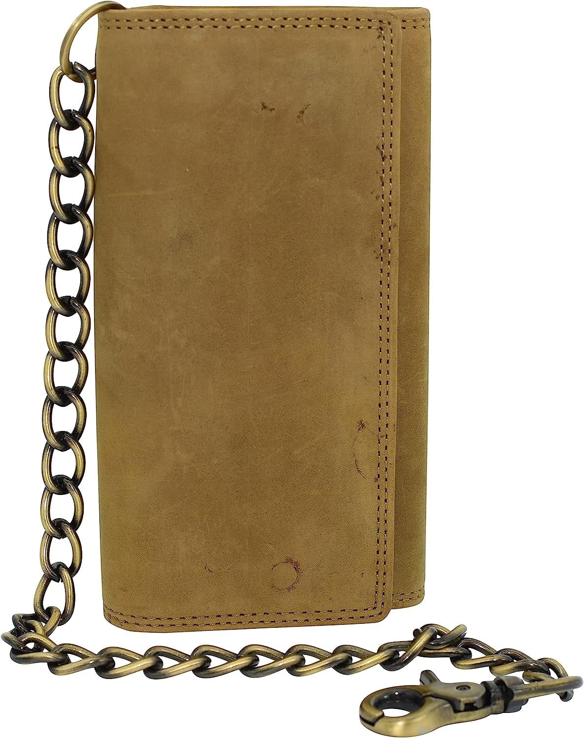 IBRO Men's Chain Wallet - 100% Genuine Leather Trifold, RFID Blocking, Removable Metal Chain, Biker Style
