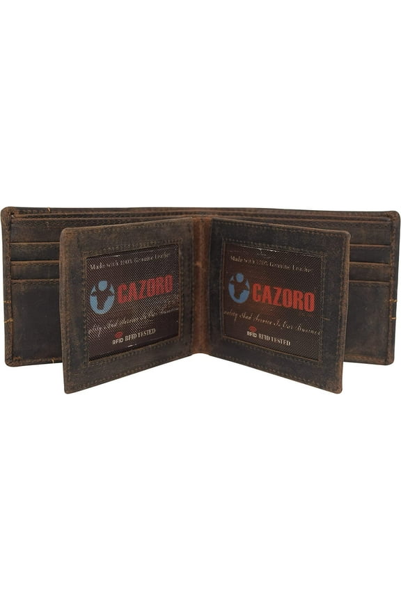Wallets For Men Vintage Leather RFID Protected Large Bifold Double ID Window Wallet With Box Brown