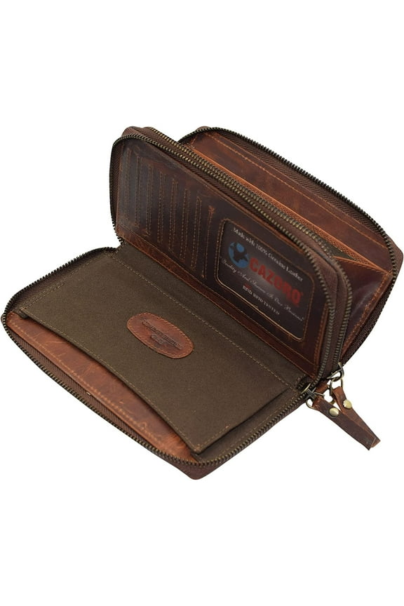 Women's Vintage Leather RFID Blocking Wallet Double Zipper Organizer Large Phone Pocket Wrislet Wallets for Women Jeans Brown