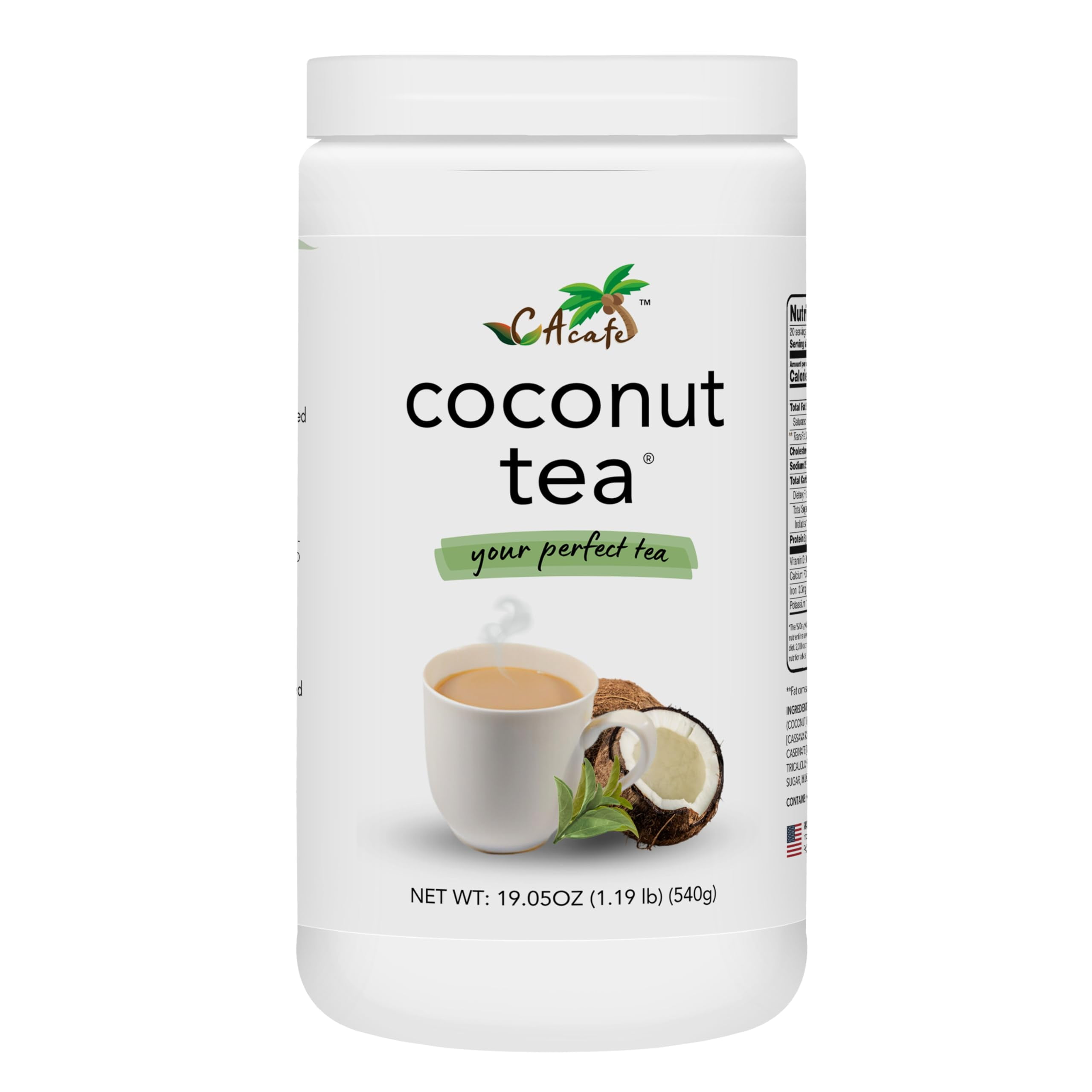 CAcafe Coconut Tea, Coconut Infused Green Tea, Creamy Drink Mix, Make Iced or Hot, Packed with Antioxidants, Natural Energy and Stress Relief 19.05oz